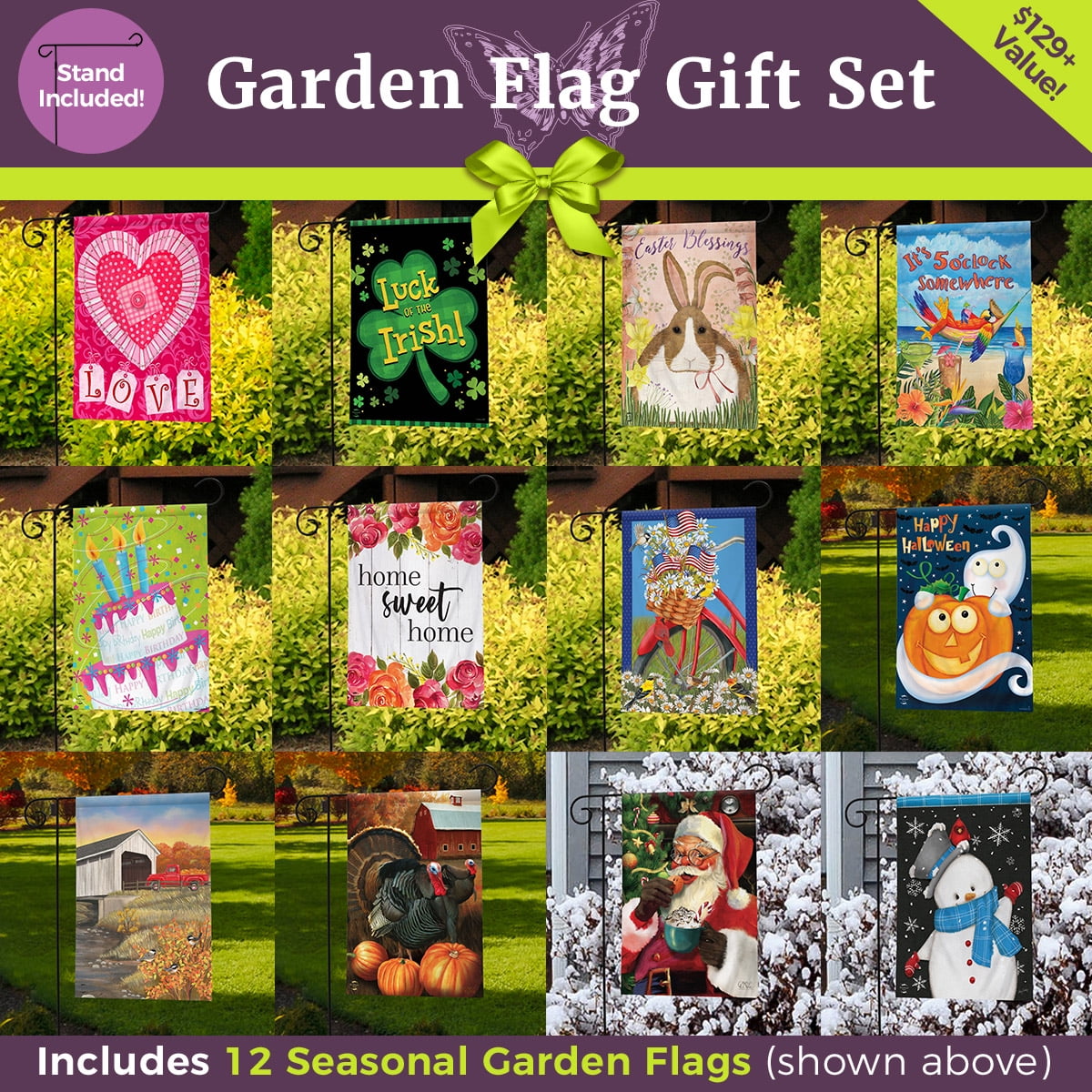 Ultimate Garden Flag Gift Set - 12 Flags + 3-Piece Stand Briarwood Lane