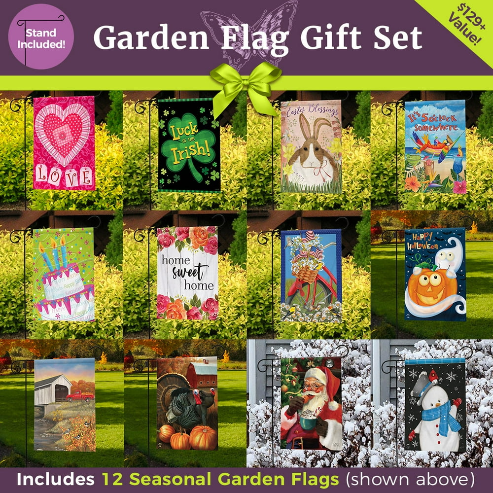 Ultimate Garden Flag Gift Set 12 Flags + 3Piece Stand Briarwood Lane