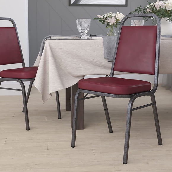 Songqin Trapezoidal Back Vinyl Stackable Banquet Chair, Multipurpose Stacking Chair with Padded Seat and Back, Burgundy/Silver