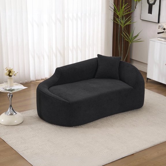 HUTWIFE Home Modern Solid Print Chenille Reclining Chaise Lounge Loveseat, Black