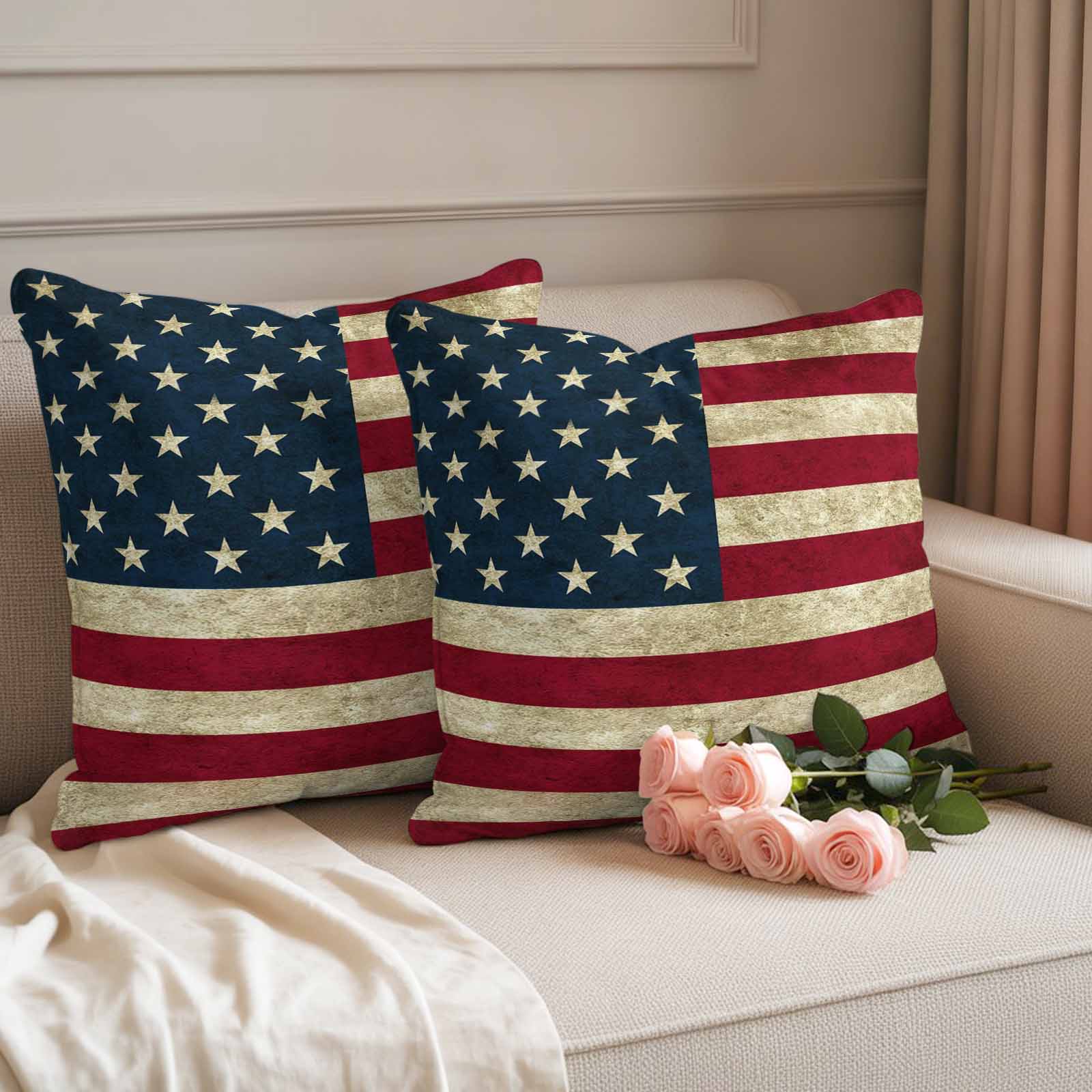 Vintage American Flag Outdoor Waterproof Pillow Covers, Shabby US Star Strips Flag Decorative Square Throw Pillowcase Sofa Cushion Sham for Patio/Couch/Chair, 18"x18" 2 Pack