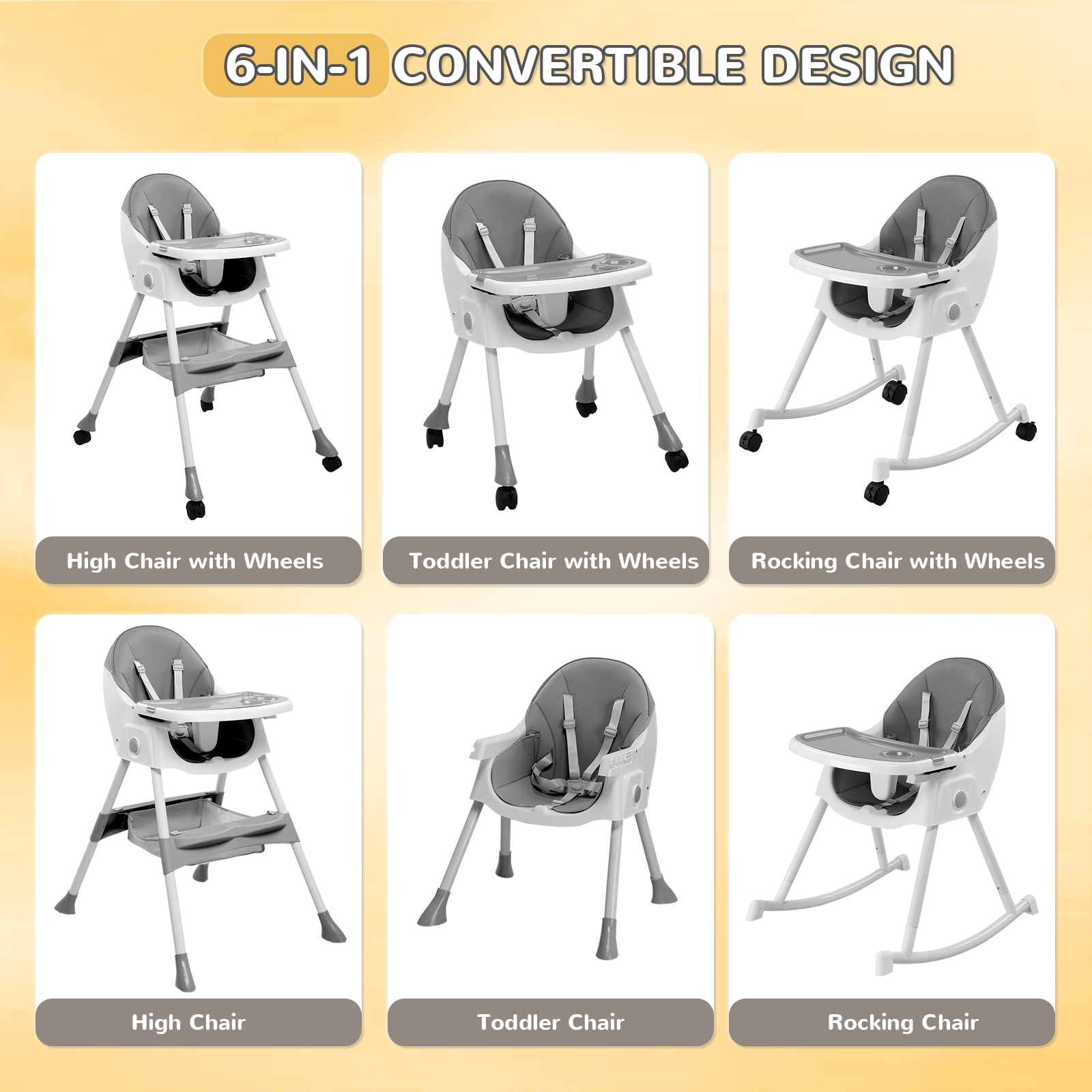 Ktaxon Baby High Chair, Convertible 6 in 1 High Chairs for Babies and Toddlers, Foldable Baby Highchair with 5-Point Safety Harness, Adjustable Dining Tray, Backrest & Height, Gray