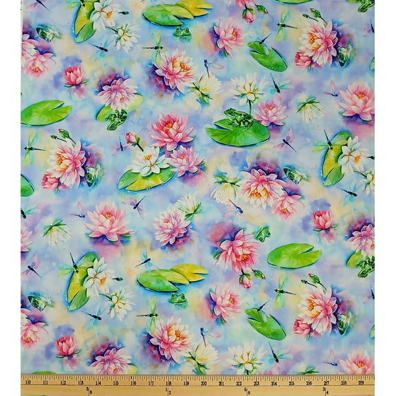 Cotton Wading with Water Lilies Flowers Florals Frogs Lily Pads Dragonflies Hoffman California Fabrics Cotton Fabric Print by the Yard (U5058-462)