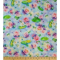 Cotton Wading with Water Lilies Flowers Florals Frogs Lily Pads Dragonflies Hoffman California Fabrics Cotton Fabric Print by the Yard (U5058-462)
