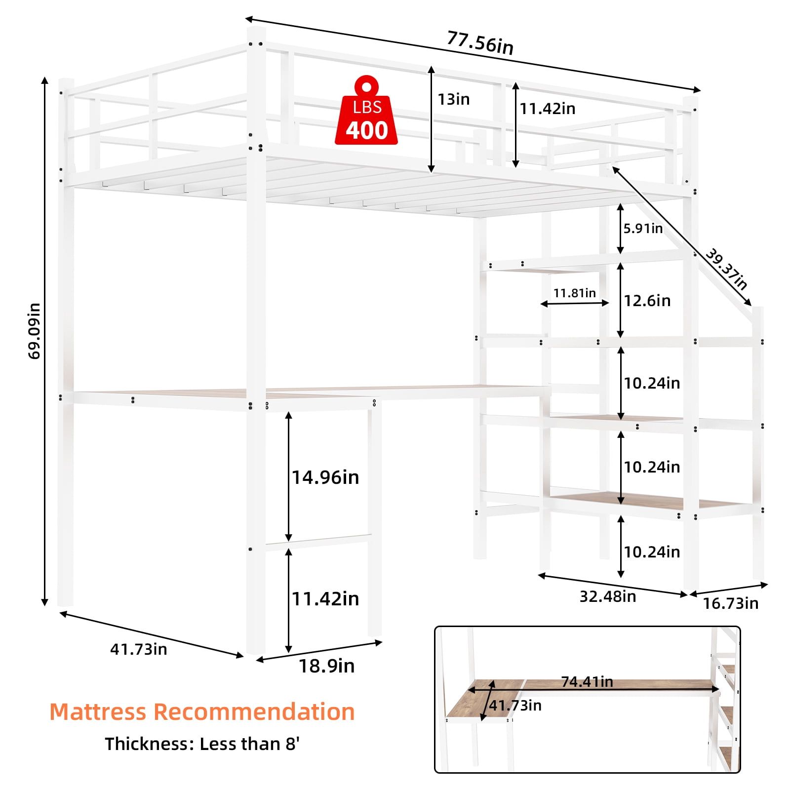 Alvantor Loft Bed Twin Size with L-shaped Desk, Metal Bed Frame with stairs for Kids/Teens, No Box Spring Needed White