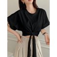 thumbnail image 3 of Womens Solid Color Round Neck Batwing Short Sleeve Knot Cropped Summer Blouse For Women, 3 of 5