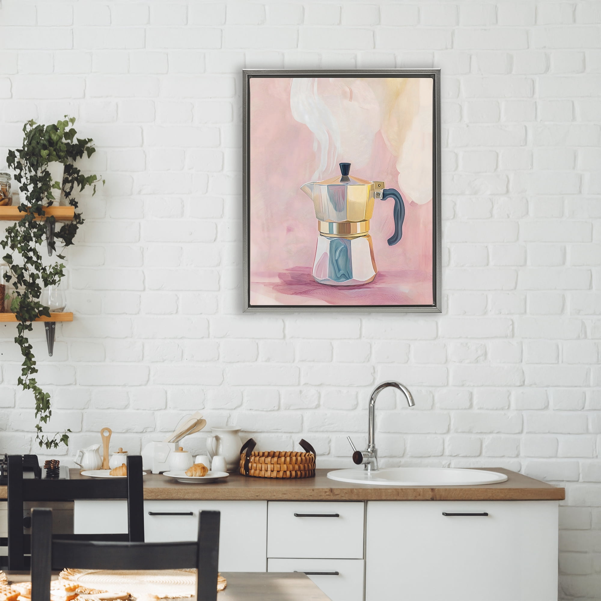 Stupell Industries Vintage Coffee Maker on Pink Gray Framed Floater Canvas Wall Art, design by The Prints Vibe