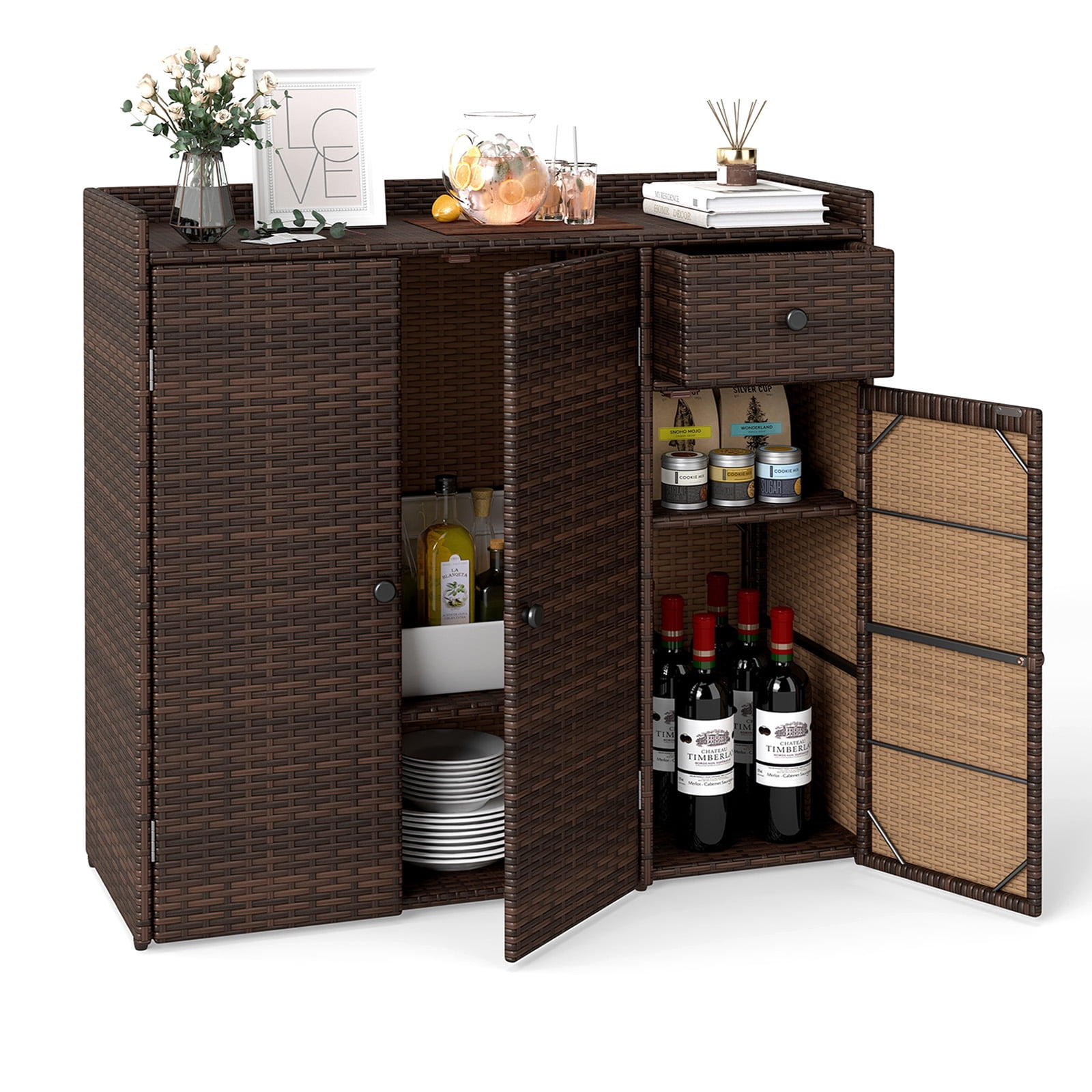 Costway Outdoor PE Wicker Storage Cabinet with 3 Doors Adjustable