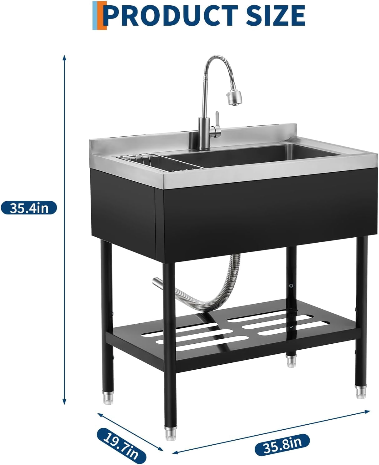 Acekid 36 x 20 x 35.5 Inch Utility Sink - Freestanding Commercial Stainless Steel Sink, Adjustable Leg with Hot/Cold Faucet, Hoses & Drain Kit, for Kitchen/Garage/Bathroom/Outdoor, Black