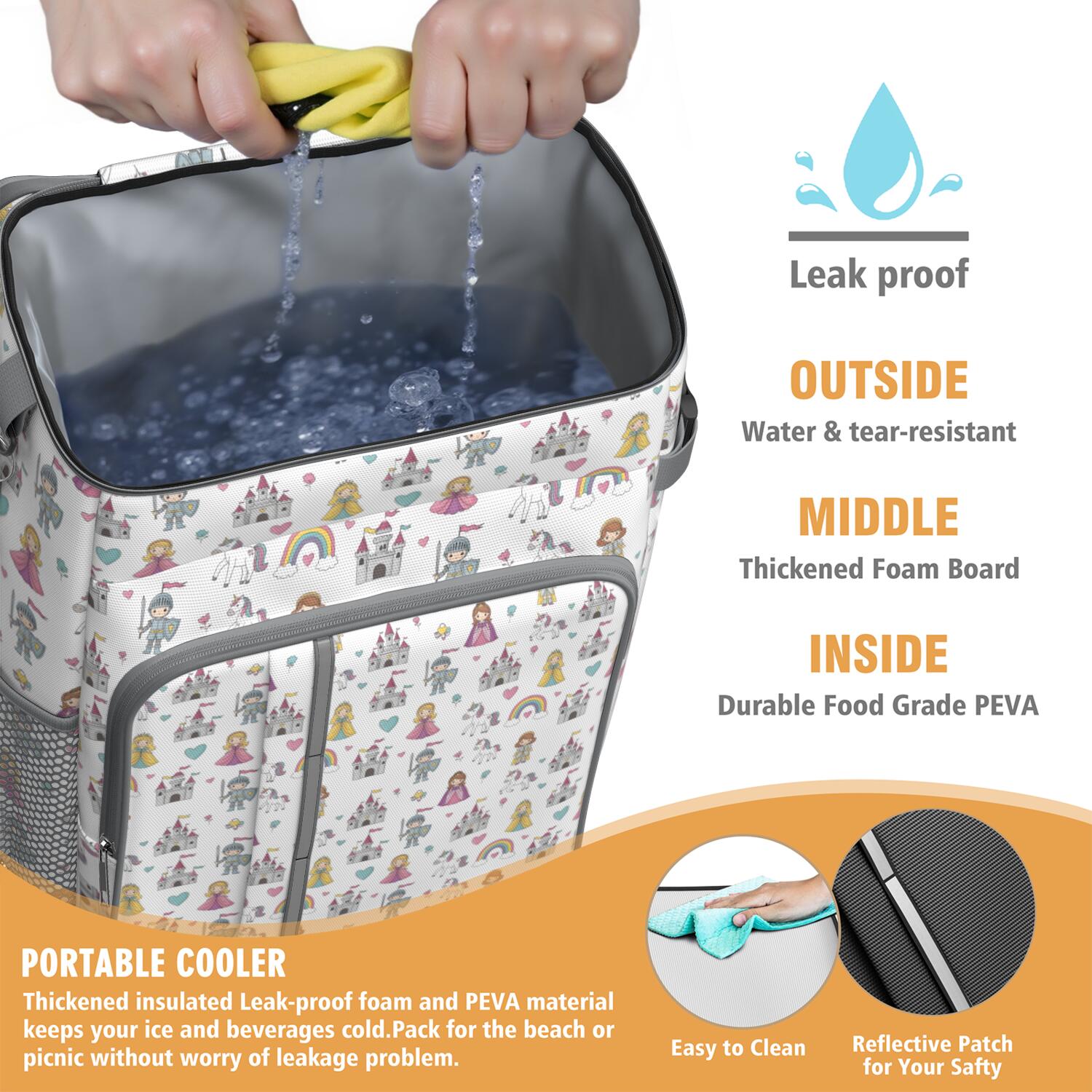 Travel Cooler Bag - White Princess Knight Pattern Camping Beer Cooler Backpack with Bottle Opener- Waterproof Insulated Picnic Backpacks - Cooler Bag for Beach