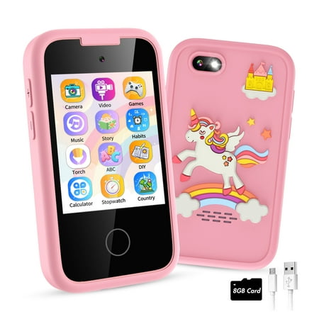 Kids Smart Phone for Girls Touchscreen Kids Phone Unicorn Gifts for Girls Age 6-8 with Dual Camera Music Game Learning Toy Phone Christmas Birthday Gifts for 3 4 5 6 7 8 Year Old Girls with 8G SD Card