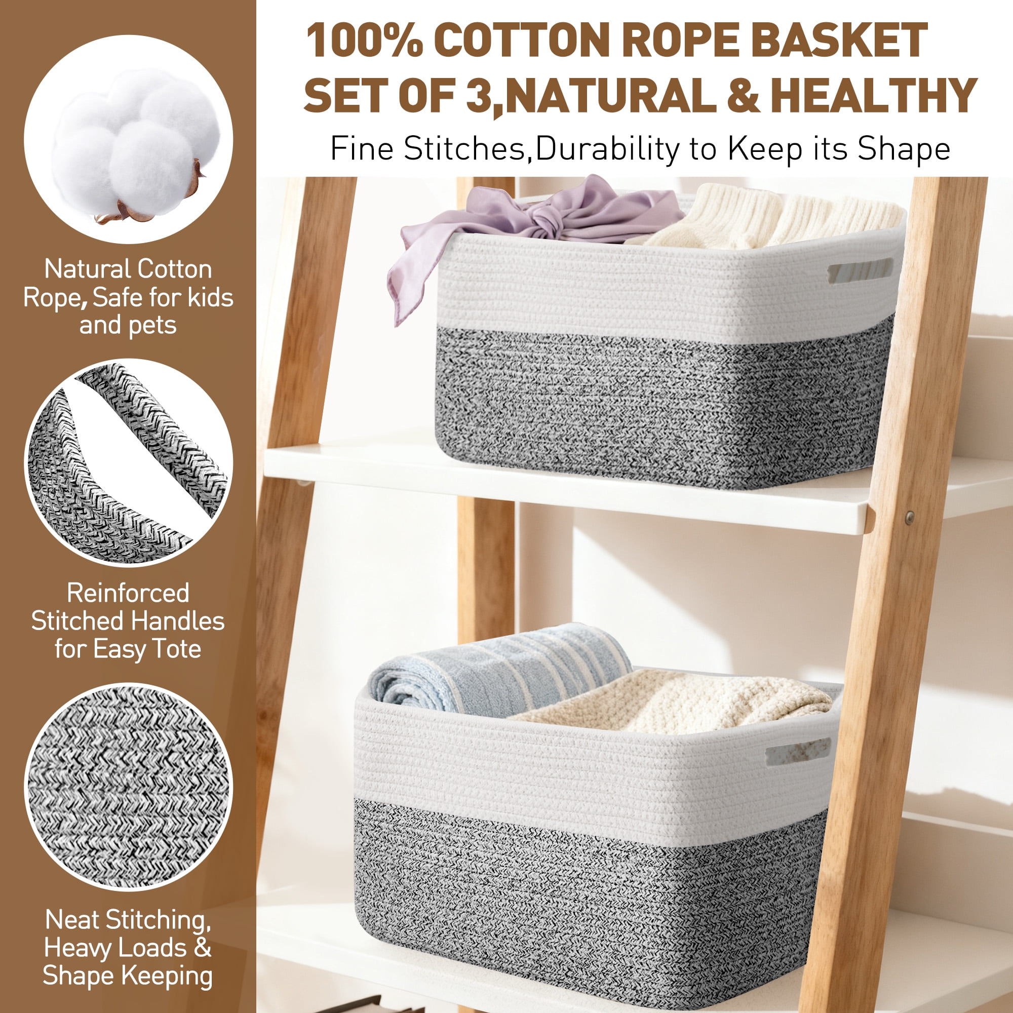 3 Pack Storage Basket, 11"x11"x9" (18L) Rectangle Woven Baskets for Storage, Cotton Rope Basket for toys, Towel Baskets, Closet Organizer Bins Shelves Organizer, Decorative Basket(Gray& White)
