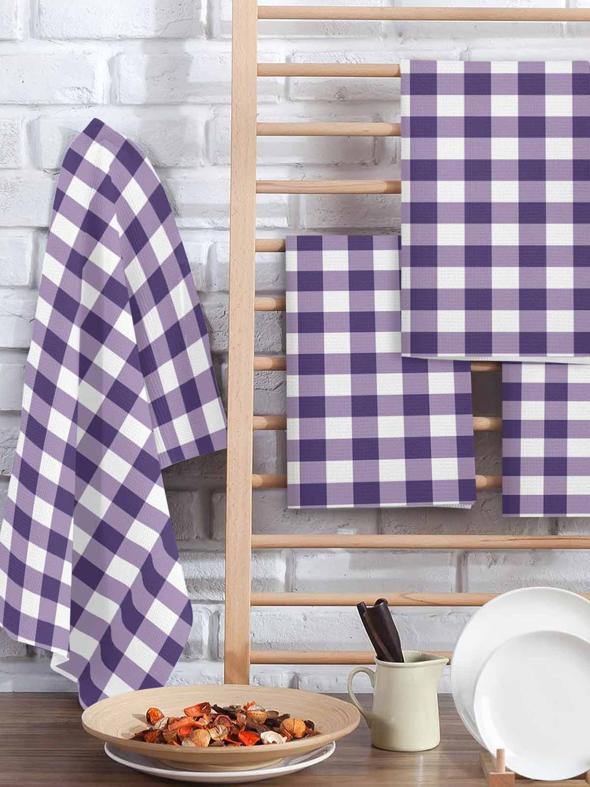 Purple Checkered Kitchen Dish Towels for Drying Dishes Set of 4, Farmhouse Buffalo Plaid Waffle Weave Microfiber Hand Tea Bathroom Towels Quick Dry & Absorbent Towel 15.7x23.6