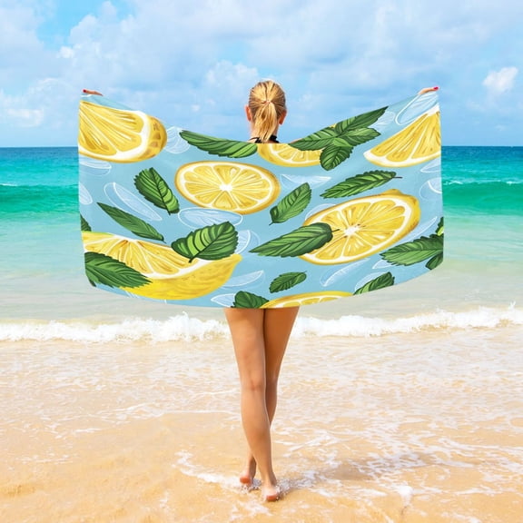 Ryvnso Lemon Leaves Hand Drawn Oversized Beach Towel Microfiber Bath Blankets Swimming Fitness 37" x 74"