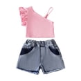 thumbnail image 3 of Girls Summer Outfits 2 Piece Solid Print Crew Neck Sleeveless One Shoulder Ruffle Crop Top And Shorts for Summer Play Girls' Clothing Sets Pink 3-4 Years, 3 of 9