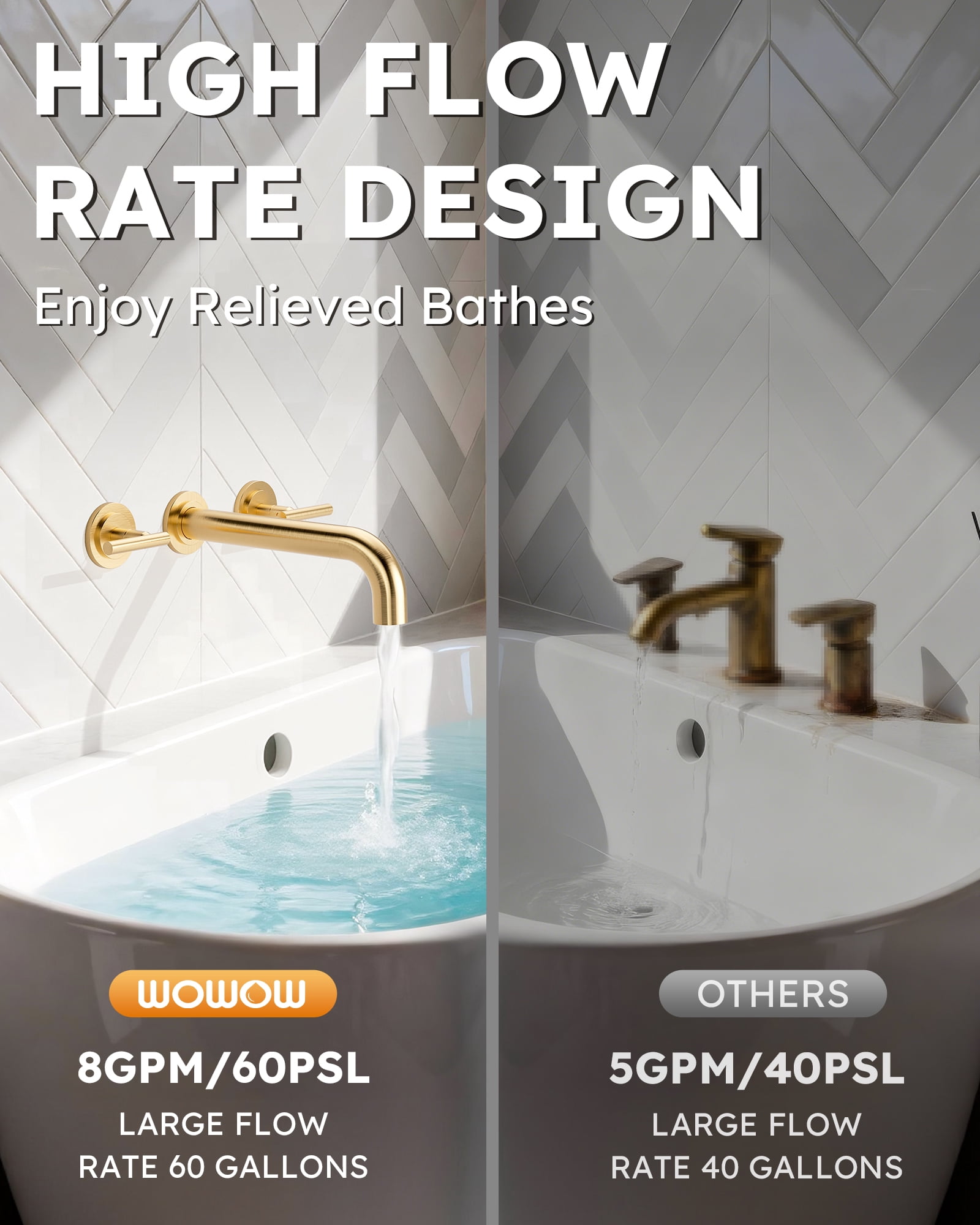 Wowow Wall Mount Tub Filler: Gold Tub Faucet High Flow Two Handles Solid Brass, Long Spout Reach,Tub Faucet Bathroom Bathtub Faucets with 2 Handles Tub Faucets with Brass Rough in Valve Include
