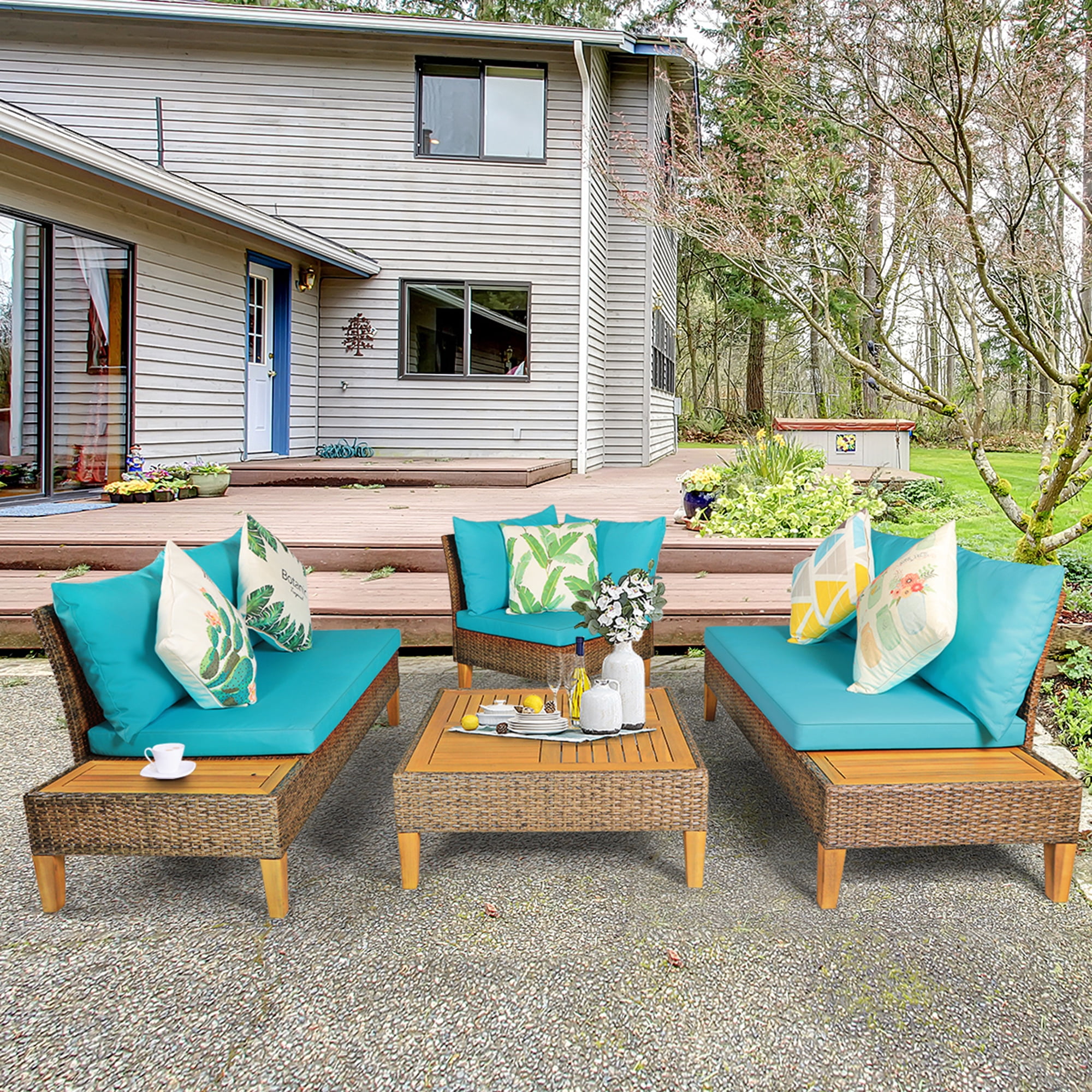 Gymax 4PCS Rattan Patio Sofa Set Outdoor Furniture Set w/ Turquoise