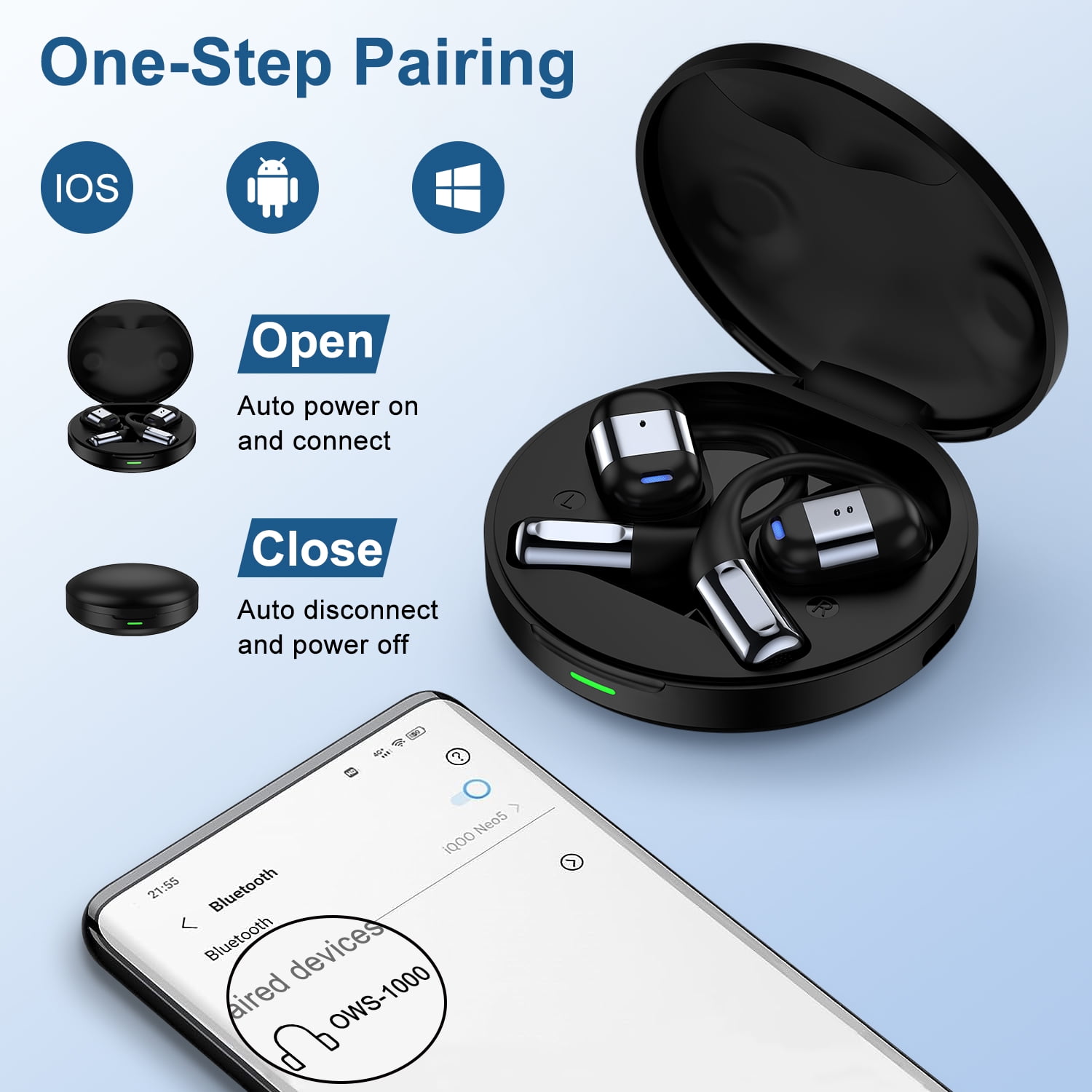 Wireless Earbuds,Bluetooth 5.3 Headphones for iPhone Android 60Hrs Playtime Waterproof IPX5 Open-Ear Stereo Earphones Headset Noise Cancelling True Wireless Earbuds with Ear Hooks&Charging Case,Black