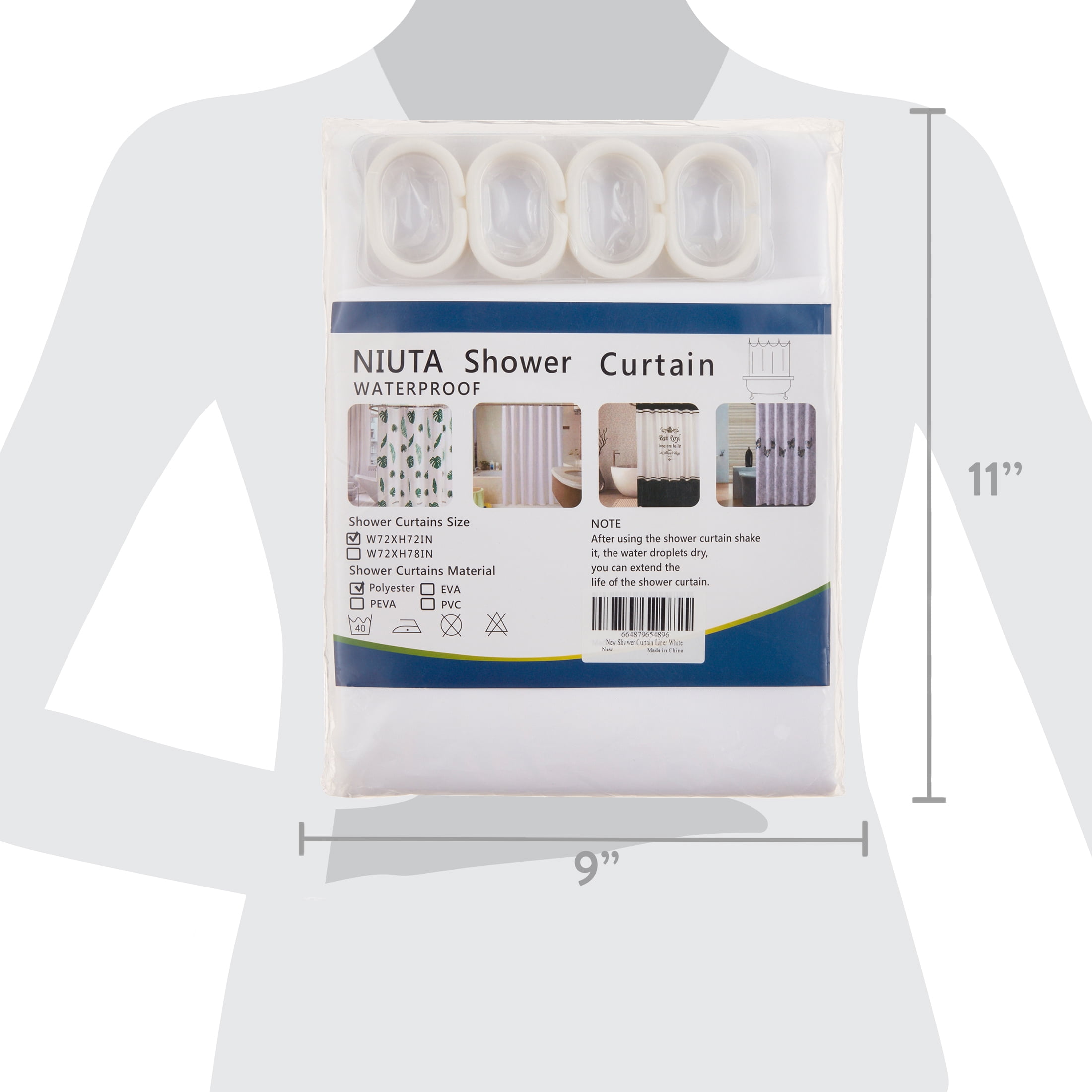 NIUTA Shower Liner, Standard Shower Curtain Liner Fabric 72 x 72 inch Full Size, Hotel Quality, Washable, Waterproof, White Bathroom Curtains with Grommets
