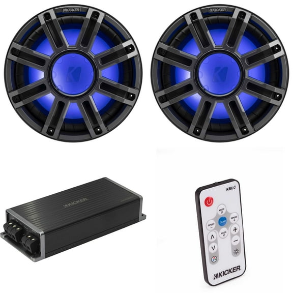 Kicker Marine KPX500.1 Powersports Amp & (2) 12" 4 Ohm Premium Marine Free-Air Subwoofer (Charcoal Grill ) Includes LED Remote