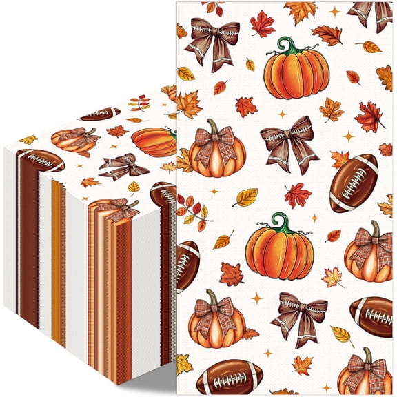 Fall Football Pumpkin Napkin - 100 count Maple Leaves Pumpkin Rugby Decorative Napkins Set, Autumn Day Disposable Paper Hand Towels, Thanksgiving Party Decorations Supplies