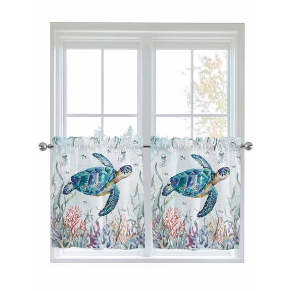 Half Window Curtain 36 Inches Long, Teal Sea Turtle Coastal Window Treatment Curtain Drapes, Summer Beach Ocean Coral Small Tier Curtains for Bathroom Over Sink, 27.5"x36", 2 Panels