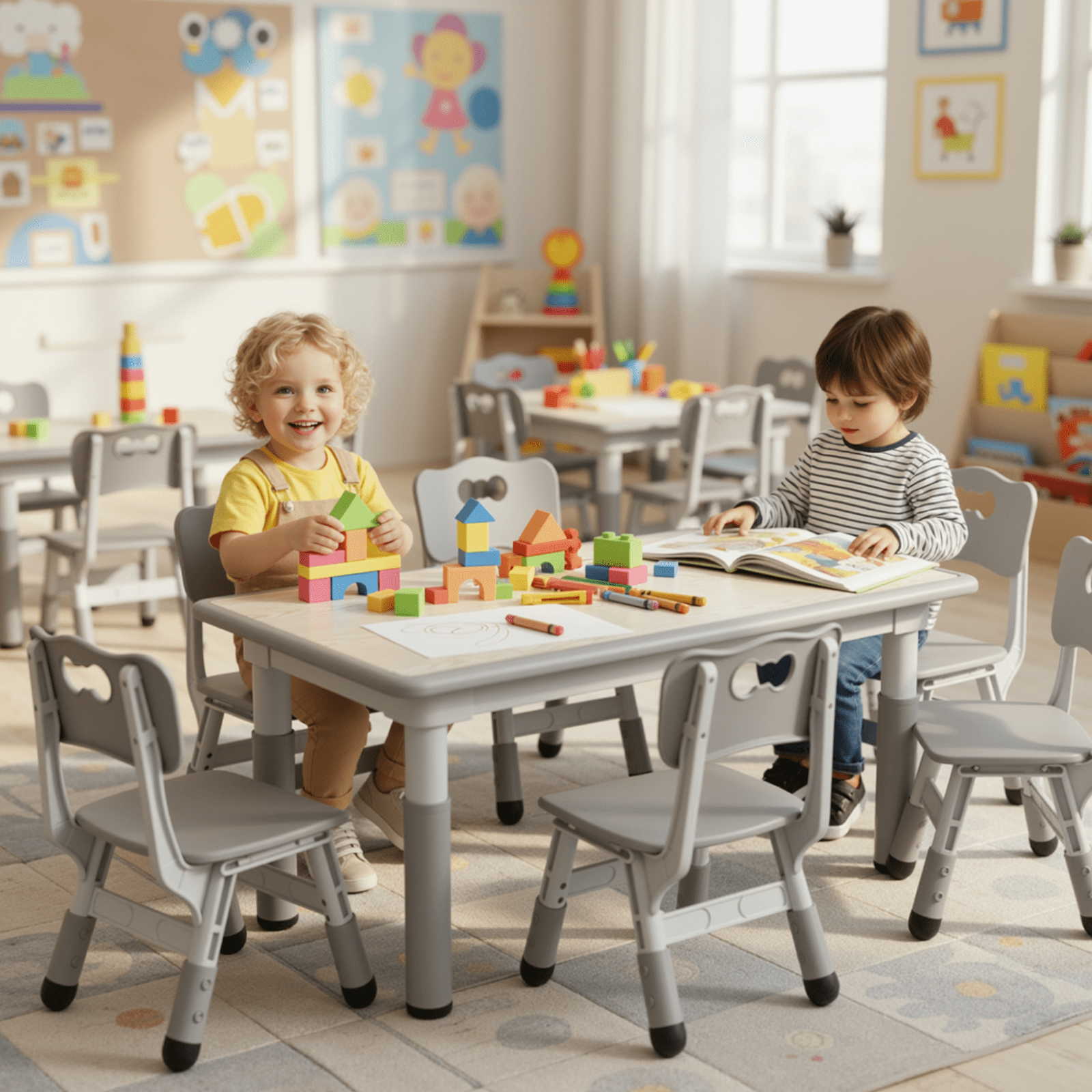 TLSUNNY Kids Table and 6 Chairs Set, Height Adjustable, Preschool Activity Table with Graffiti Top for Daycare Classroom, Ages 3-12, Gray