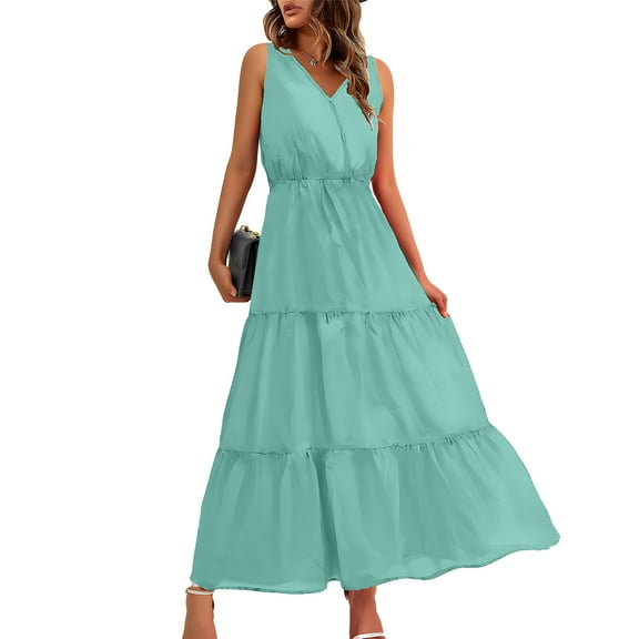 Summer Dresses for Women 2025 Casual Trendy,Womens Tiered Dresses Summer,Boho Floral Maxi Dresses for Women V Neck Sleeeless Tiered Casual Flowy Long Maxi Dress Pleated Mini Wedding Guest Dress