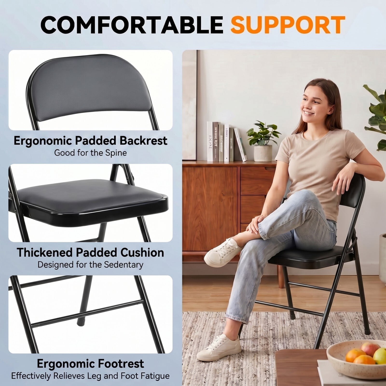 Kelno Folding Chair Set of 4 PU Leather Padded Guest Chairs with Lightweight Sturdy Metal Frame, Black