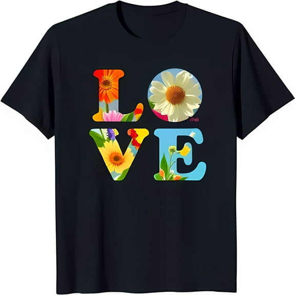Colorful Floral 'LOVE' Design Black T-Shirt for Women Vibrant Flower Print