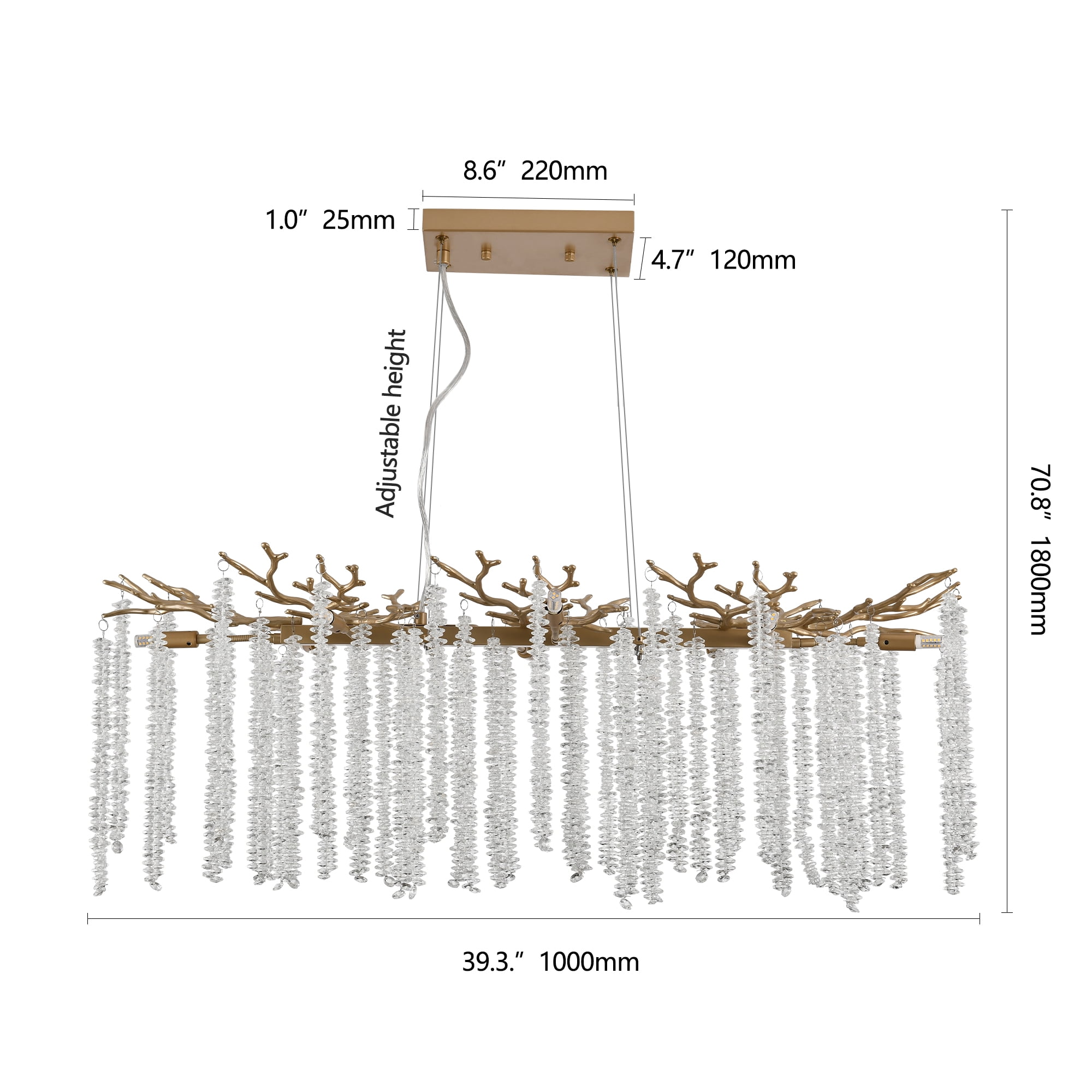 Modern Crystal Tree Branch Chandelier, Gold Linear Art Deco Raindrop Indoor Hanging Pendant Light Fixture for Dining Room Kitchen Island Living Room Bedroom 8 Lights 39.4''
