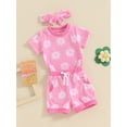 thumbnail image 4 of Musuos Baby Girls 3Pcs Summer Outfits 6 12 18 24M 3Y Short Sleeve Daisy Pattern T-shirt + Drawstring Shorts + Headband Set Casual Clothing for Toddler, 4 of 9