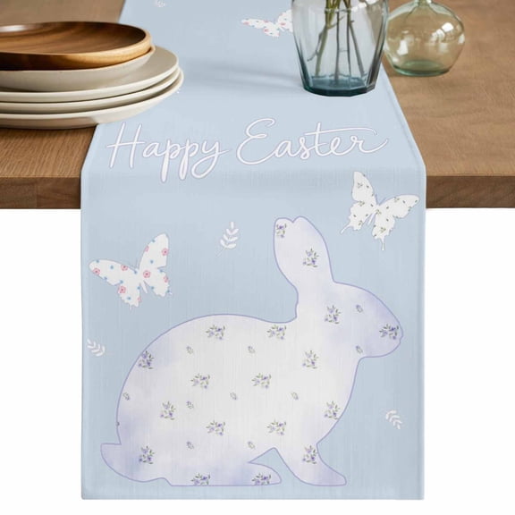 Table Runner 72 Inches Long for Kitchen Dining, Easter Bunny Dresser Scarf Farmhouse, Dining Table Decorations for Wedding/Parties, Watercolor Butterfly Cute Rabbit Flowers Blue 18 x 72 In