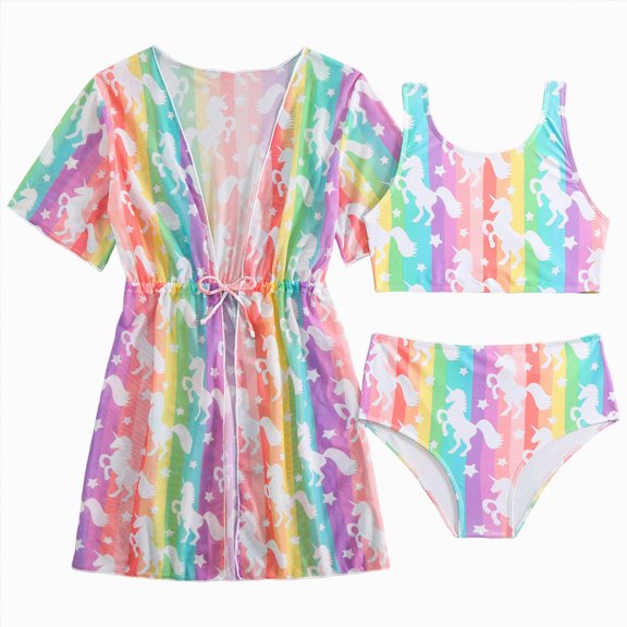 kpoplk 3 Piece Bathing Suit for Girls Cute Triangle Bikini Set with Tassel Detail and Attached Pompom Trim Beach Skirt(Multicolour,10-11 Y)