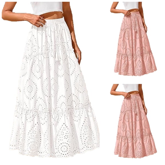 LIBRCLO Skirts for Women Maxi Length Lace Embroidery Eyelets Shirts Elastic Waist Floating Beach Clothes