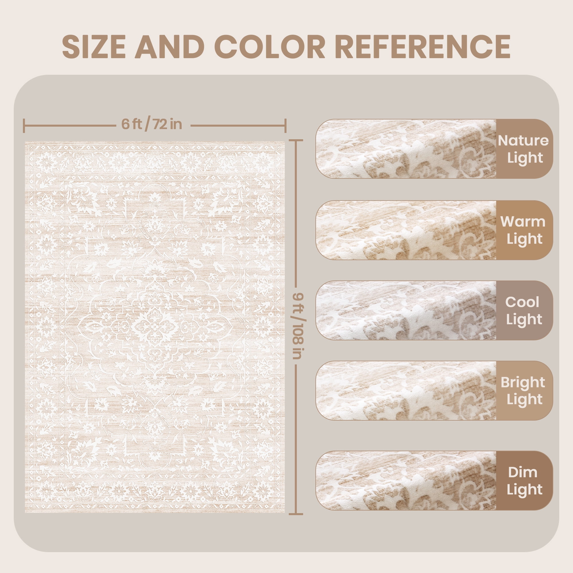 Roxstand 6x9 Area Rugs for Living Room, Stain Resistant Floral Vintage Washable Rugs, Non-Slip Thin Farmhouse Beige Rugs(6'x9', Beige)