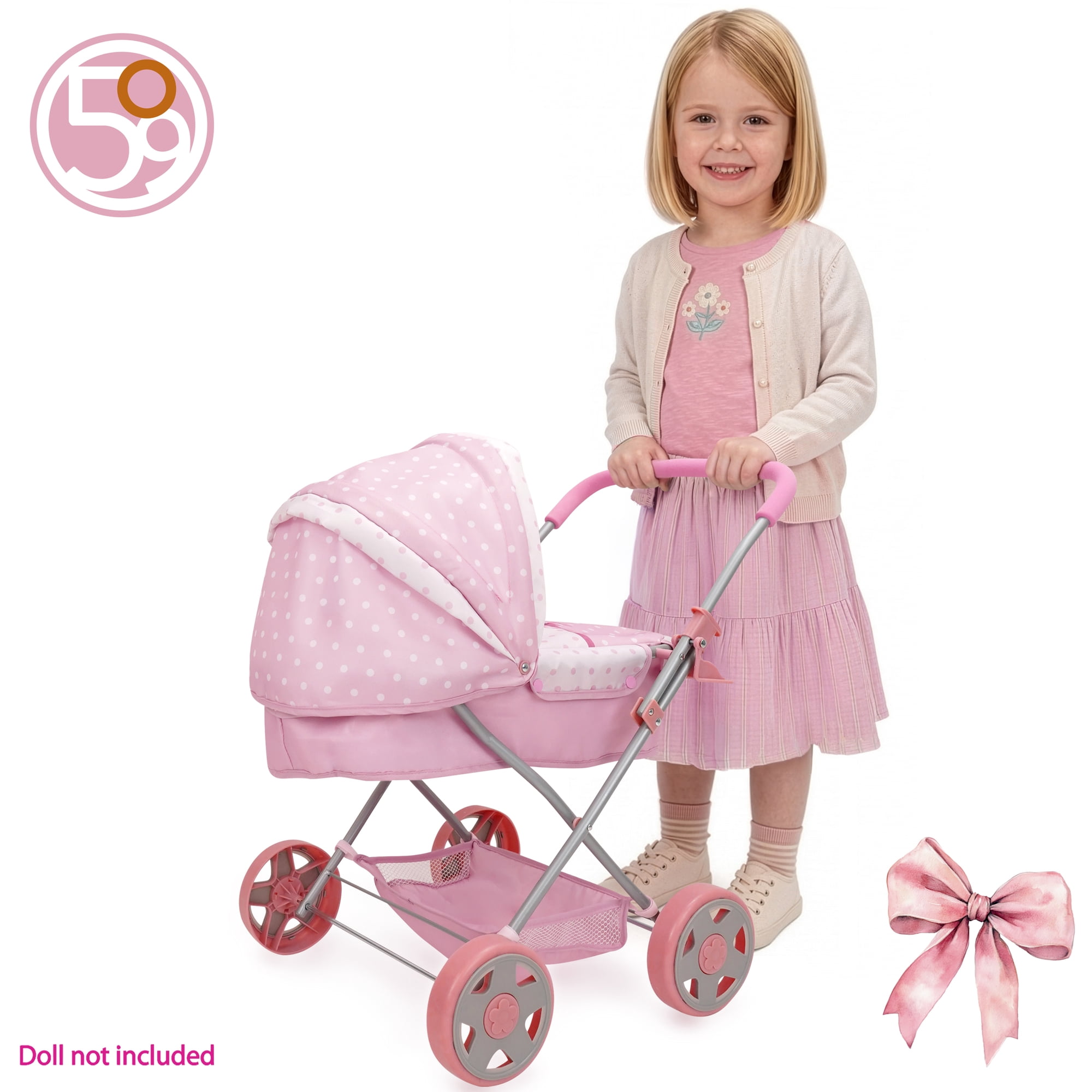 509 Crew: Bow Daisy Doll Pram - Pink & White, Handbag, Removable Bassinet, Canopy, Foam Handle, Push Stroller, Foldable, Doll Accessory Toy, Kids 3+