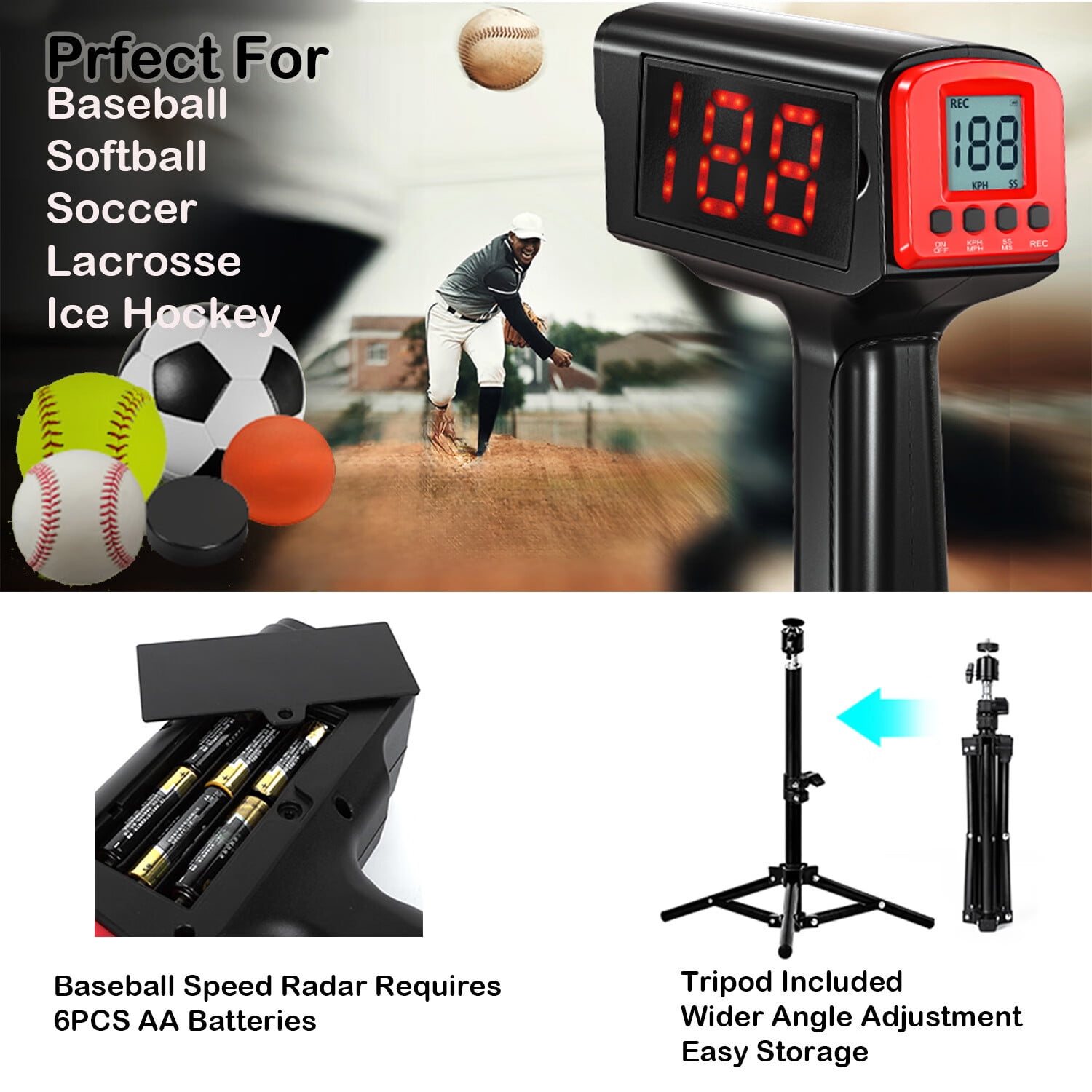 CureCalor Baseball Radar Gun, LED+LCD Large Display, Speed Sensors with Adjustable Tripod