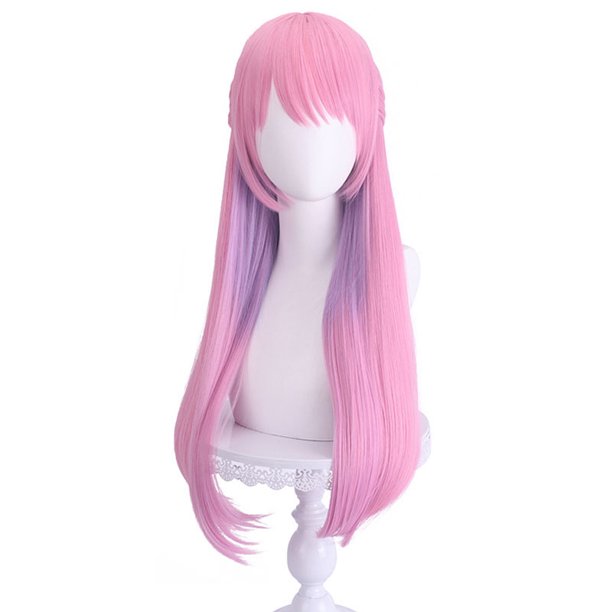 Peluca para cosplay, rosa pastel y morado, larga y recta, 65 cm