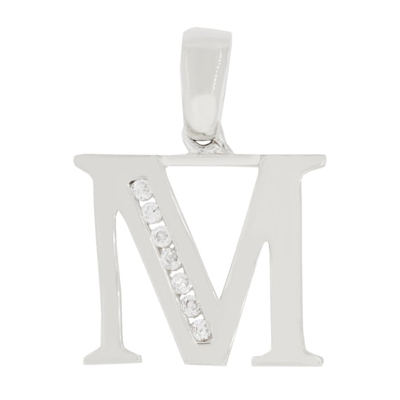 14k Gold White Rhodium, Initial Capital Letter M Pendant Charm Created CZ 15mm Wide with 20" Dainty Neck Chain
