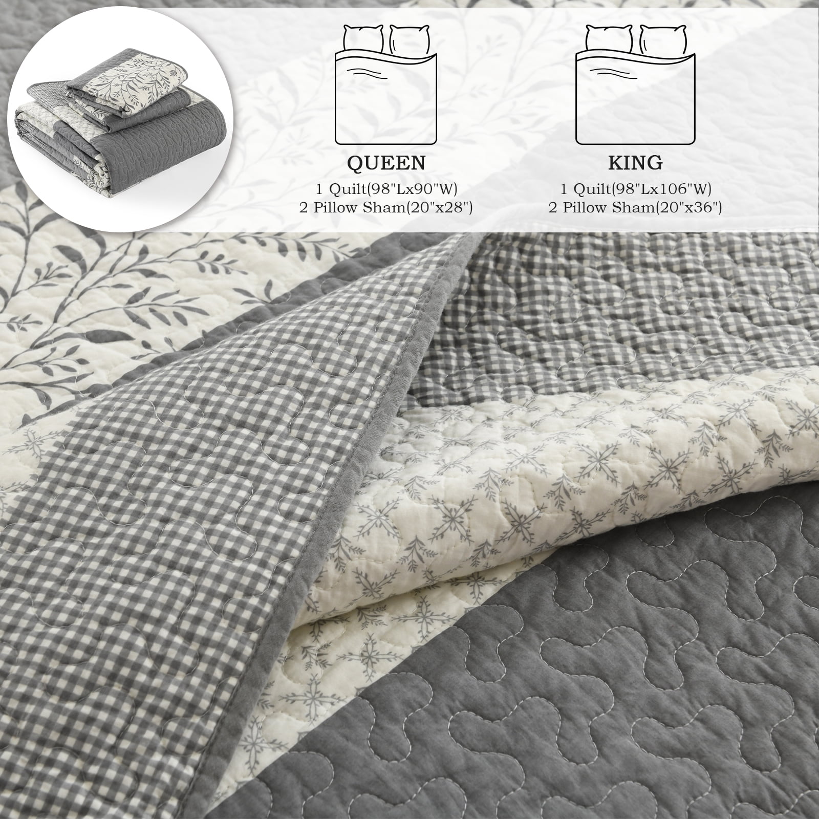 Y-PLWOMEN 100% Cotton Quilt King Size - Gray Striped Lightweight Beige Quilt, Floral Quilted Bedspread Lightweight Comforter Set, Soft Bed Spread for King Bed with Pillow Shams