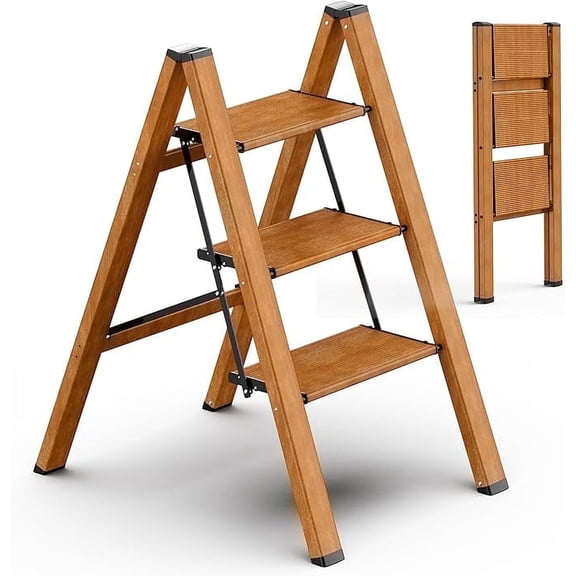 3 Step Ladder Anti-Slip Foldable Step Stool Aluminum Lightweight with Wide Pedal for Home and Kitchen Space Saving - Woodgrain (300 lbs)