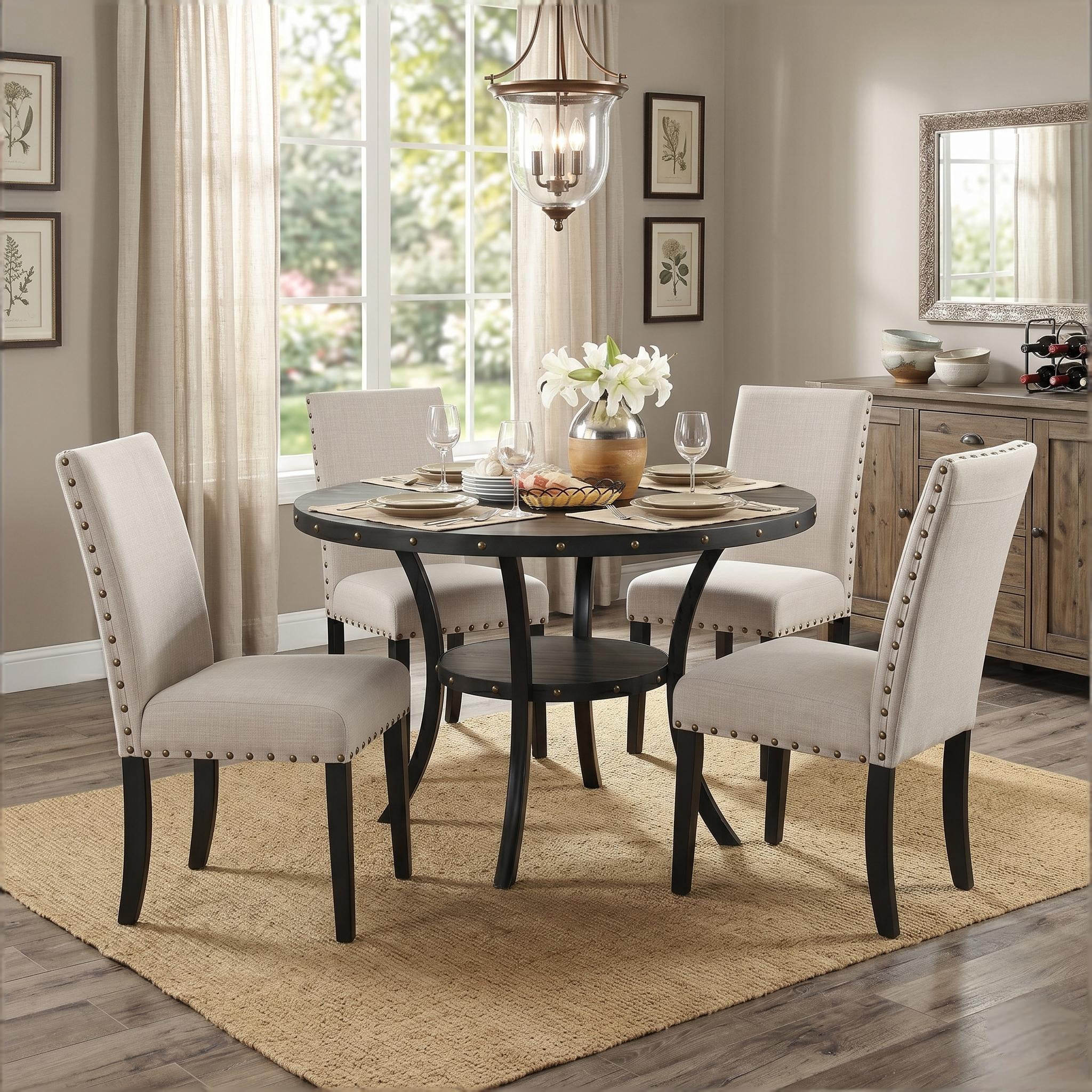 Howcool 5-Piece Espresso Wood Round Dining Set, 4 Upholstered Fabric Nailhead Trim Chairs with Lower Storage Shelf for Kitchen & Dining Room