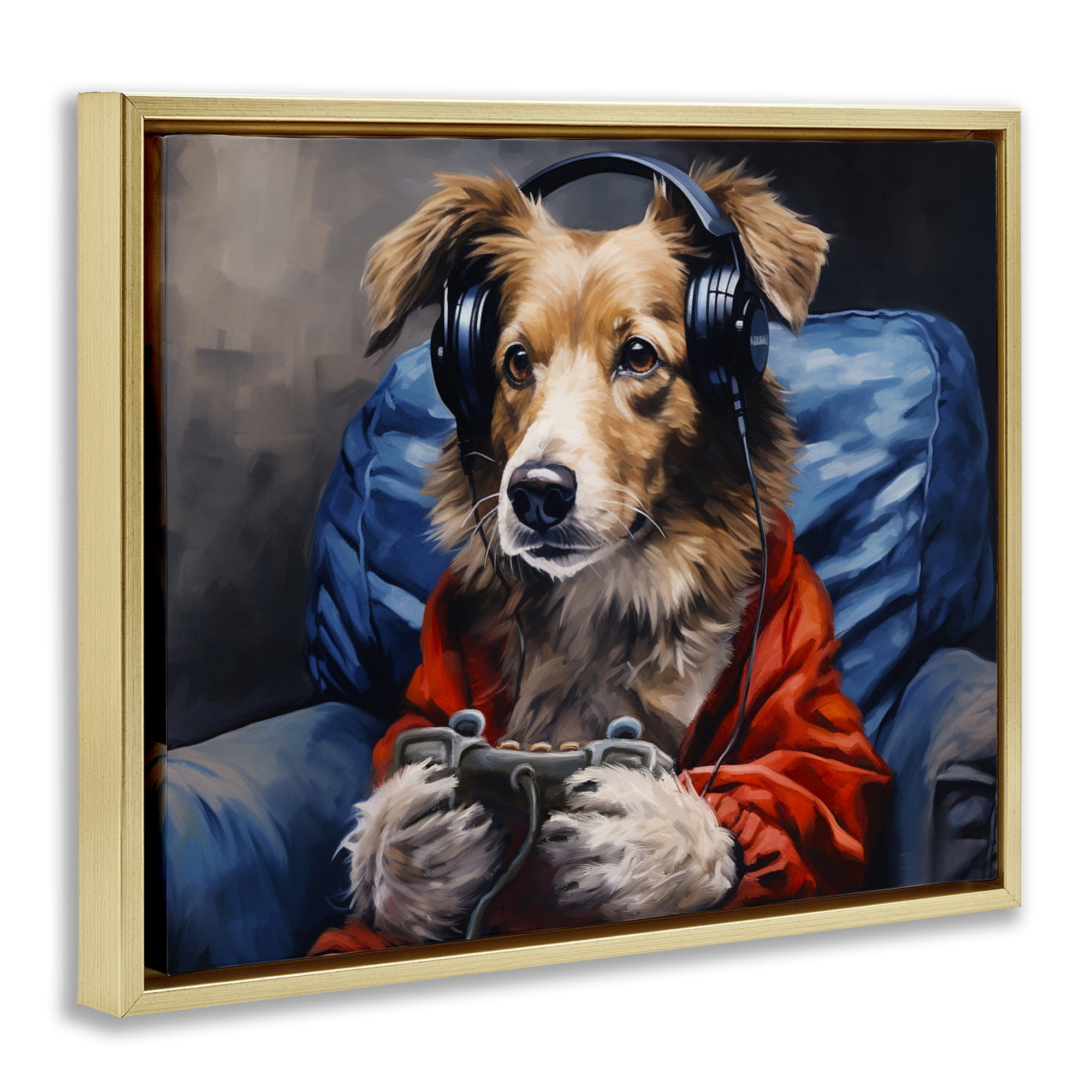 Game Master Dog Gold Framed Floater Canvas Wall Art, design by Shawna Stewart