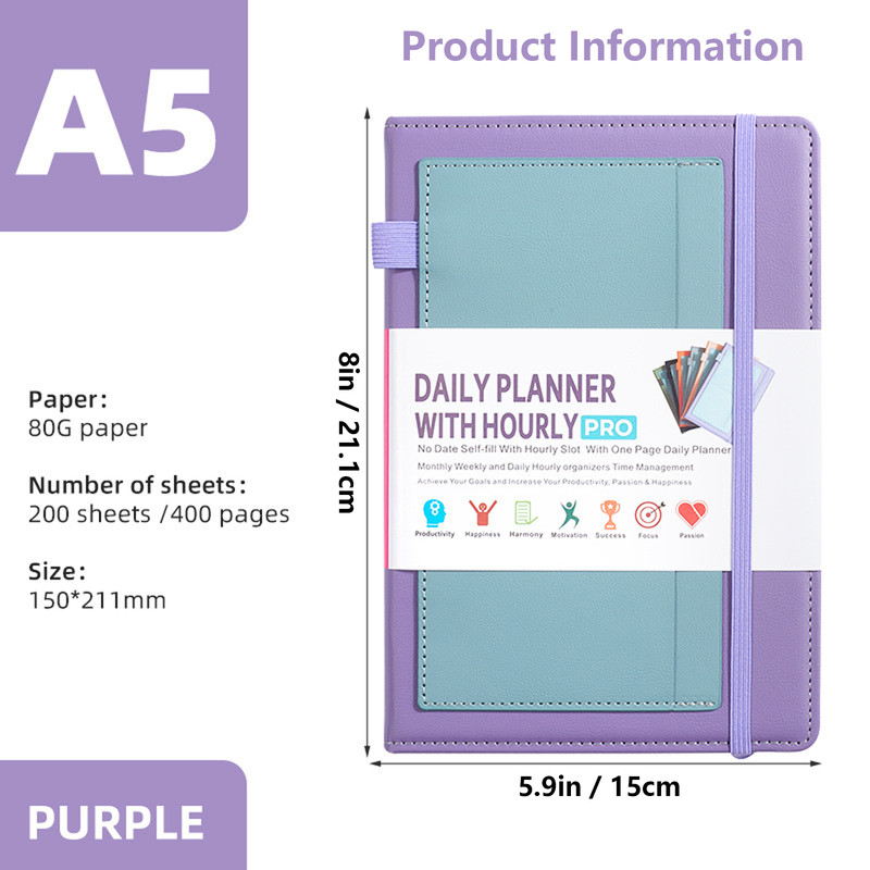 Undated Daily Planner for 2026, Planner Agenda Book, Daily Monthly Planner with 8 Creative Stickers, Simplified Schedule Notebook for Office Home, Journaling Notebooks, Start Anytime, A5 Size, Purple