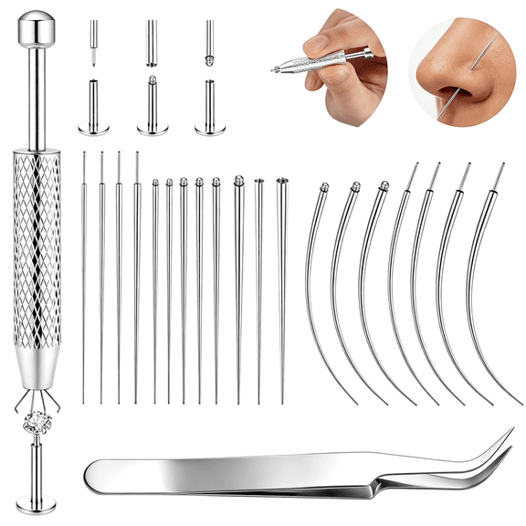 KASIU 21Pcs Piercing Taper Ball Grabber Tool Hypoallergenic Piercing Kit,316L Stainless Steel for Sensitive Ears,Flat Back Earring Applicator for Changing Jewelry,14G-20G Body Piercing Kit for Ear