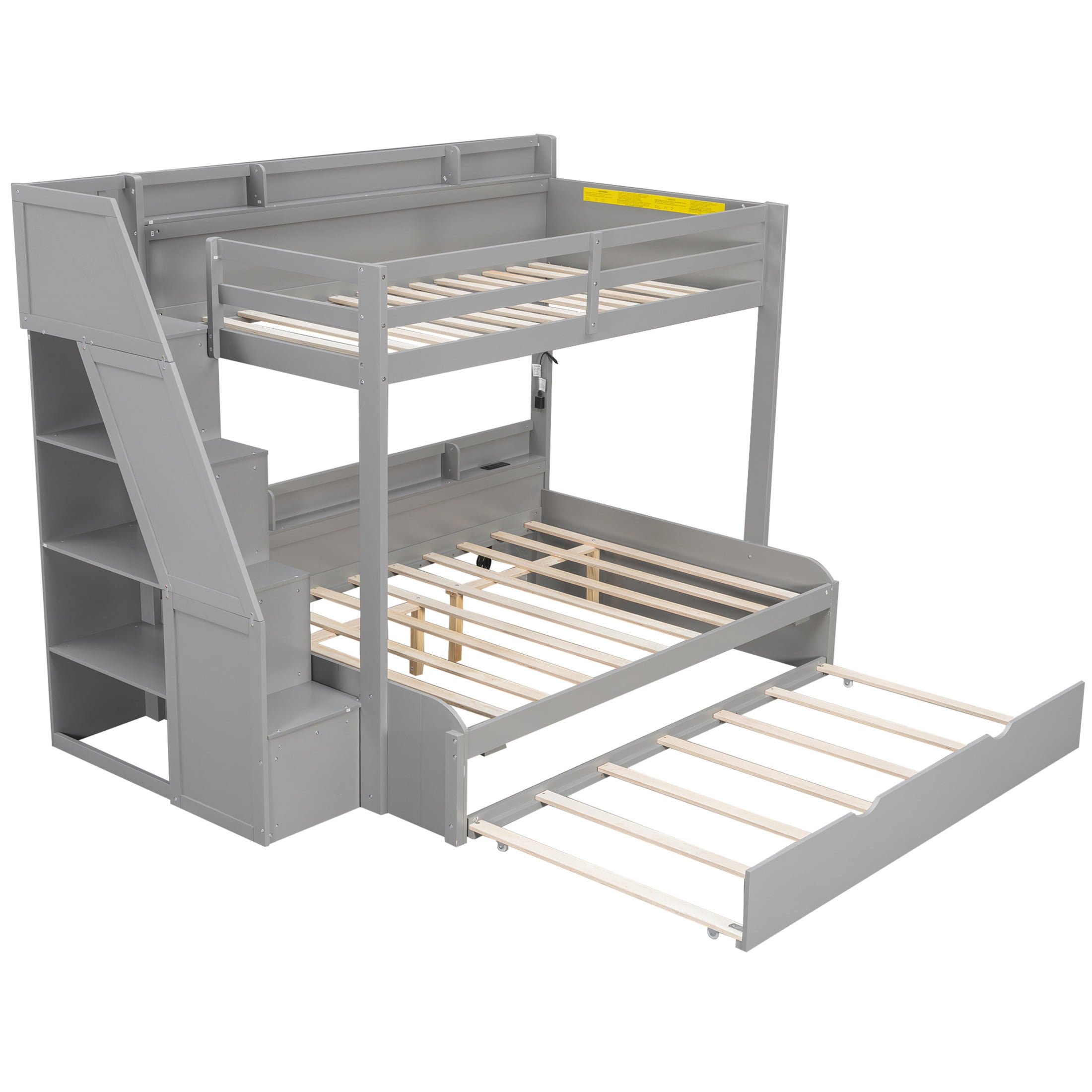 Noble House Aldorin Twin over Full Bunk Bed with Storage Staircase and Trundle, LED Light and Charging Ports, Gray