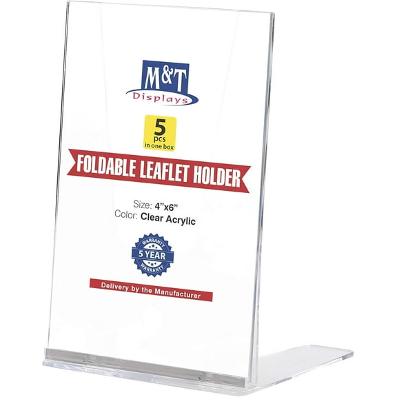 M&T Displays Foldable Clear Acrylic Brochure Holder 4x6 Pocket Desktop Leaflet Organizer (5 pack)