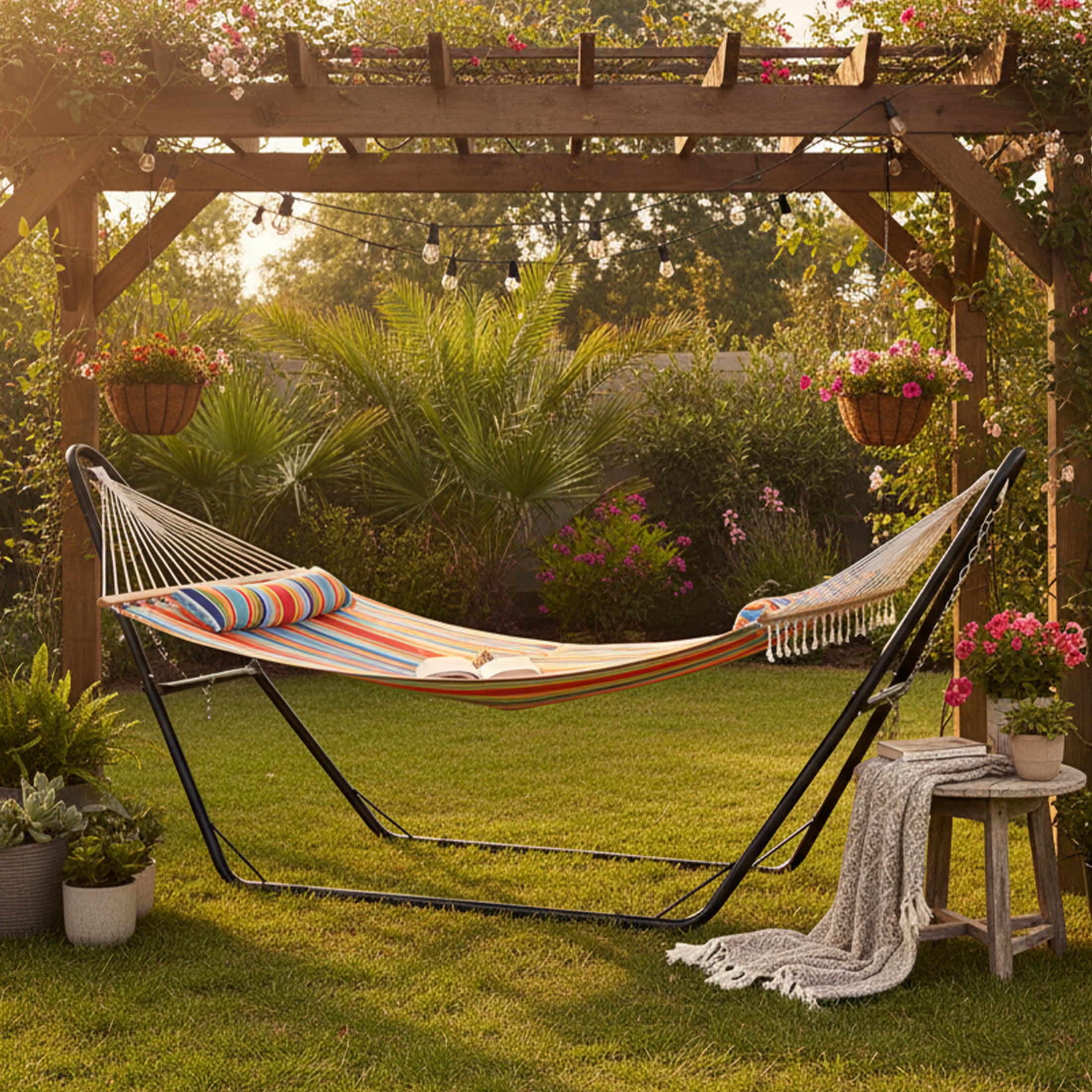 Sunnydaze 2-Person Polyester Spreader Bar Hammock with Stand, 440 lb Capacity - Caribbean Stripe
