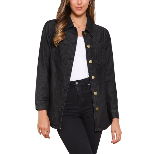 CHAQUETA DE JEAN PARA MUJER INSPIRE CHIC, MANGAS LARGAS, CINTURÓN AJUSTABLE, BOTONES, CASUAL, DENIM, TALLA XS, NEGRO